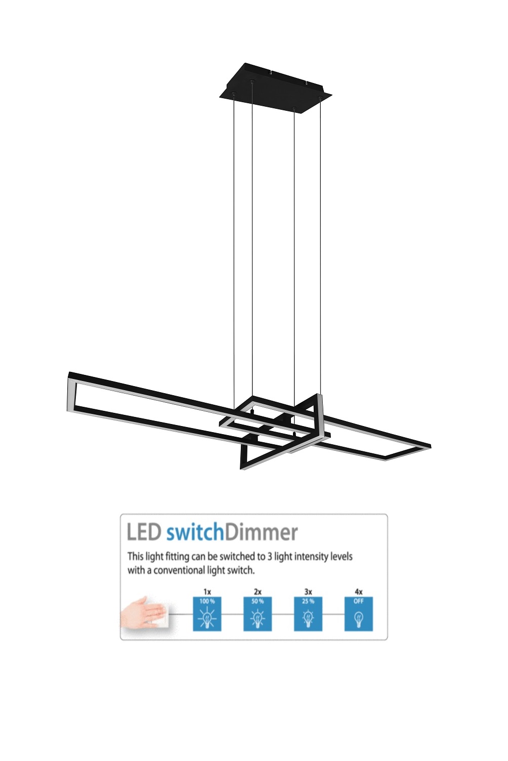 Trio Leuchten 320310332 SALINAS- Závěsné LED svítidlo krokově stmívatelné nástěnným vypínačem, LED 34W, 3000K, 110cm, černá mat