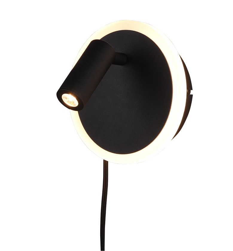 Trio Leuchten 229210232 JORDAN - LED nástěnná lampa k posteli s kabelem, LED 5W + 2W, 3000K, černá barva