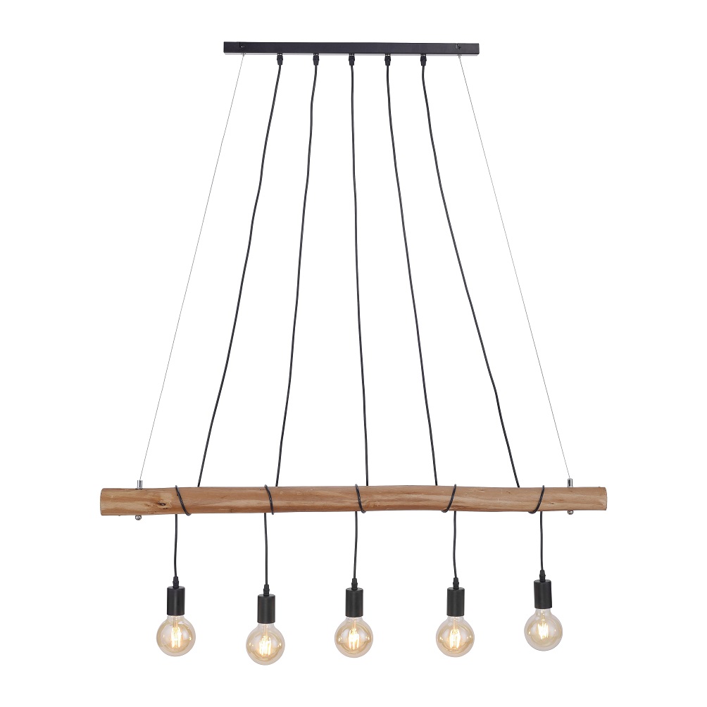 Leuchten Direkt 15515-18 DAMIAN - Závěsný lustr nad stůl s dřevěnou lištou 5 x E27, šířka 120cm