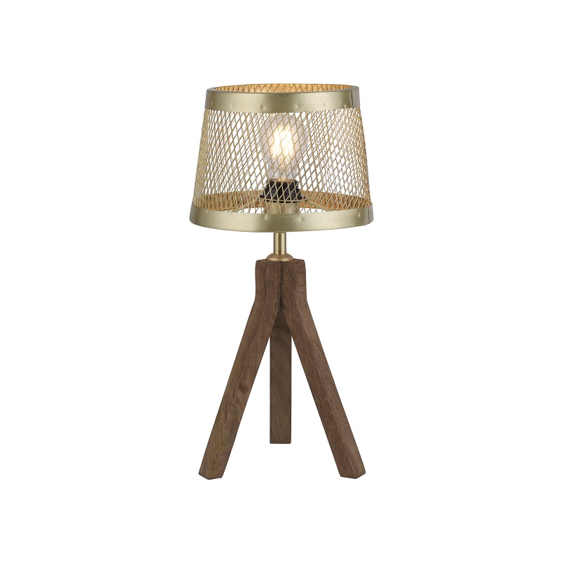 Leuchten Direkt 11423-60 FREDERIK - Stolní lampa s dřevěnou trojnožkou a mosazným stínidlem, 1 x E27, 44cm
