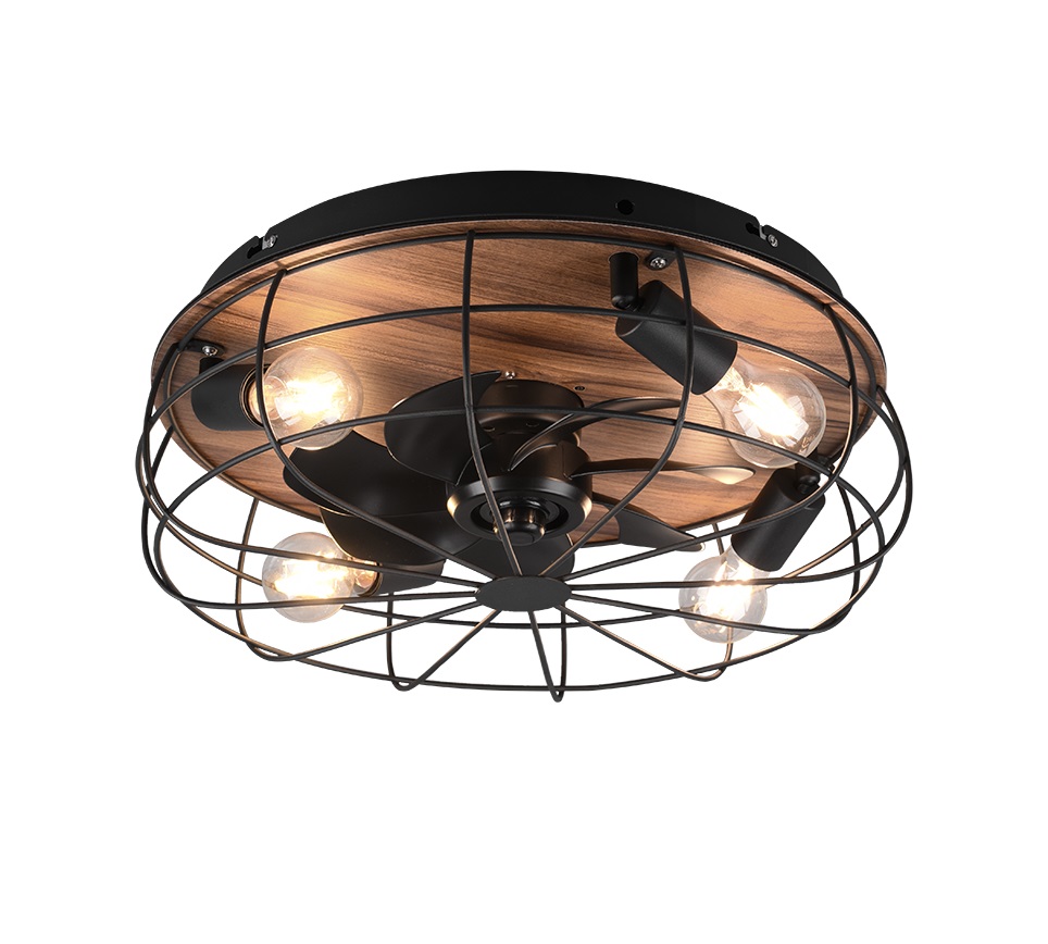 Trio Leuchten R61105032 TRONDHEIM - Stropní ventilátor v retro stylu v černé barvě a imitaci dřeva s dálkovým ovladačem, 4 x E27, Ø 48cm