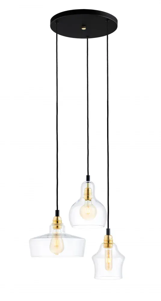 Kaspa 10877305 LONGIS - Trojramenné závěsné svítidlo, čiré sklo, zlaté patice, 3 x E27, Ø 40cm