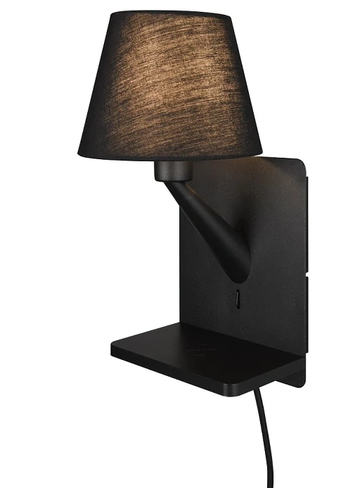 Trio Leuchten 262670132 COMFORT - Nástěnná černá lampička k posteli s bezdrátovým nabíjením, USB-A + USB-C, 1 x E14