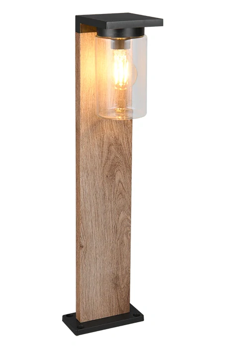 Trio Leuchten 511660135 ARDILA - Stojací venkovní svítidlo v imitaci dřeva s možností aktivace automatického senzoru DEN / NOC, IP44, 1 x E27, 65cm