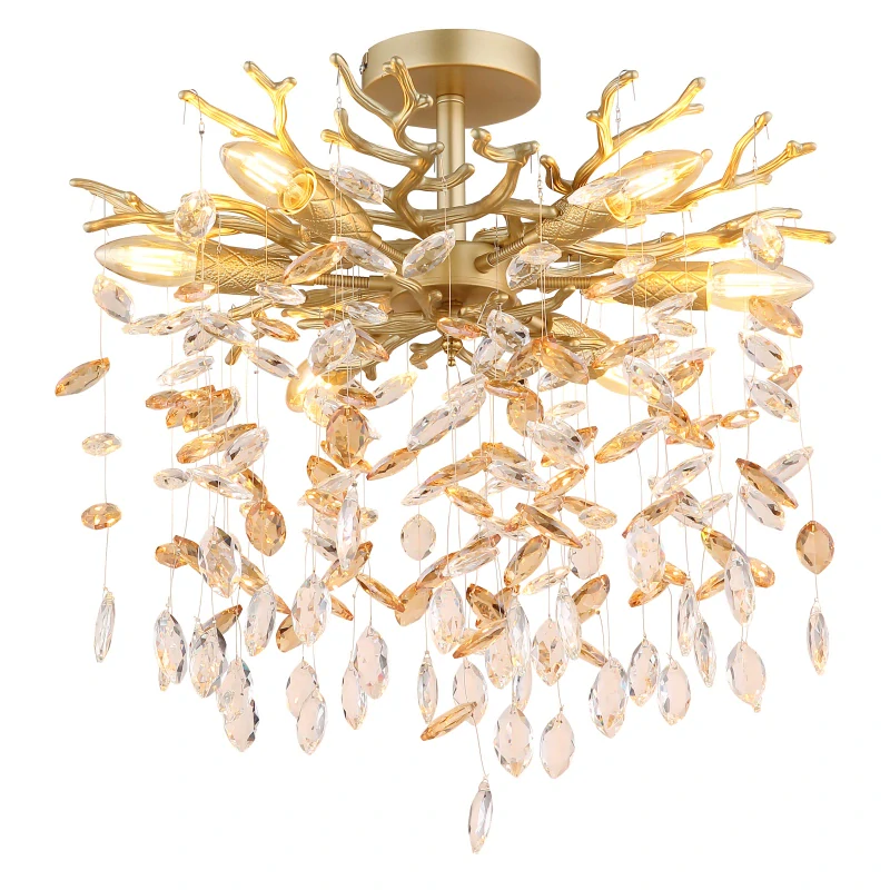 Globo 64138DG QUEENA - Stropní zlatý lustr se skleněnými kříšťálovými ověsky, 6 x E14, 50cm