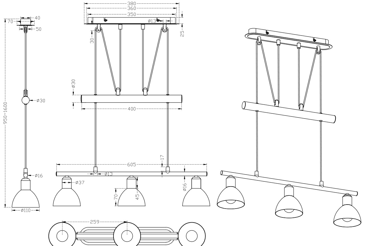 Trio Leuchten 371010307 LEVISTO - Stahovací lustr nad jídelní stůl  + LED žárovky 