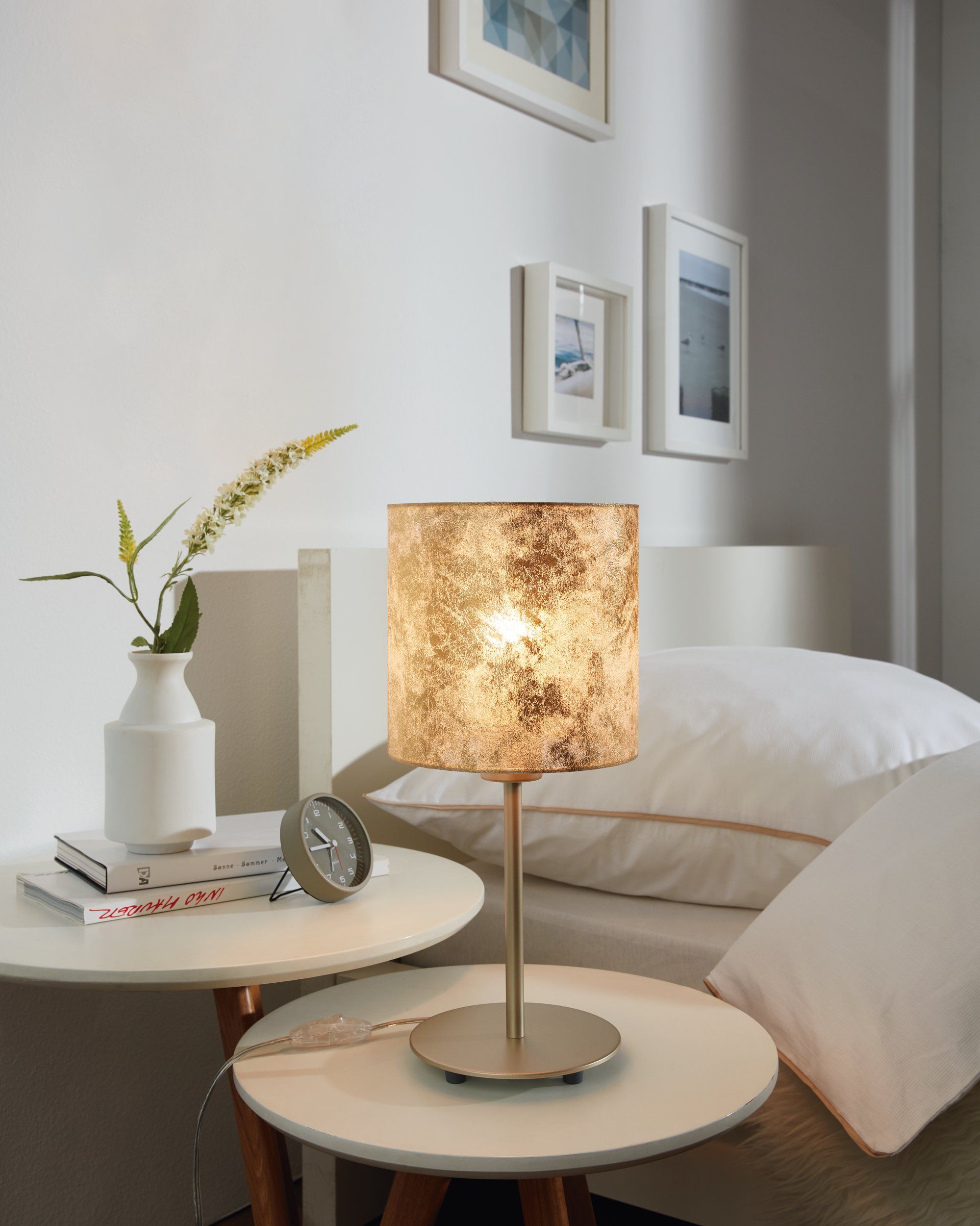 Eglo 97646 VISERBELLA - Stolní textilní lampa ve zlaté barvě, výška 40cm + Dárek LED žárovka