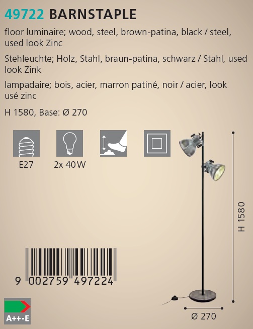 Eglo 49722 BARNSTAPLE - Stojací industriální lampa, výška 158cm 