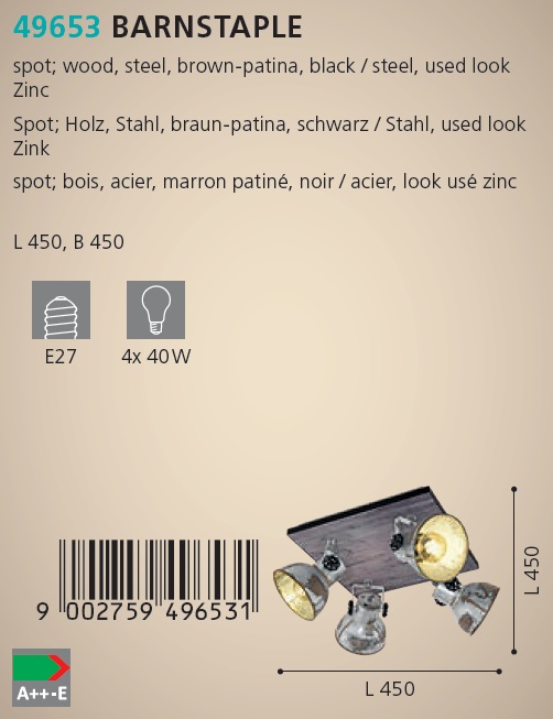 Eglo 49653 BARNSTAPLE - Stropní industriální bodovka 4 x E27, 45 x 45cm