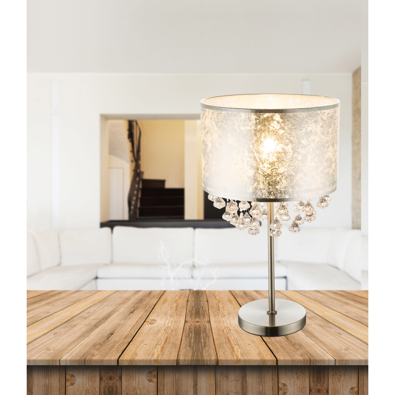 Globo 15188T3 AMY - Moderní stolní lampa s textilním stínidlem ve stříbrné barvě s ověsky 1 x E27