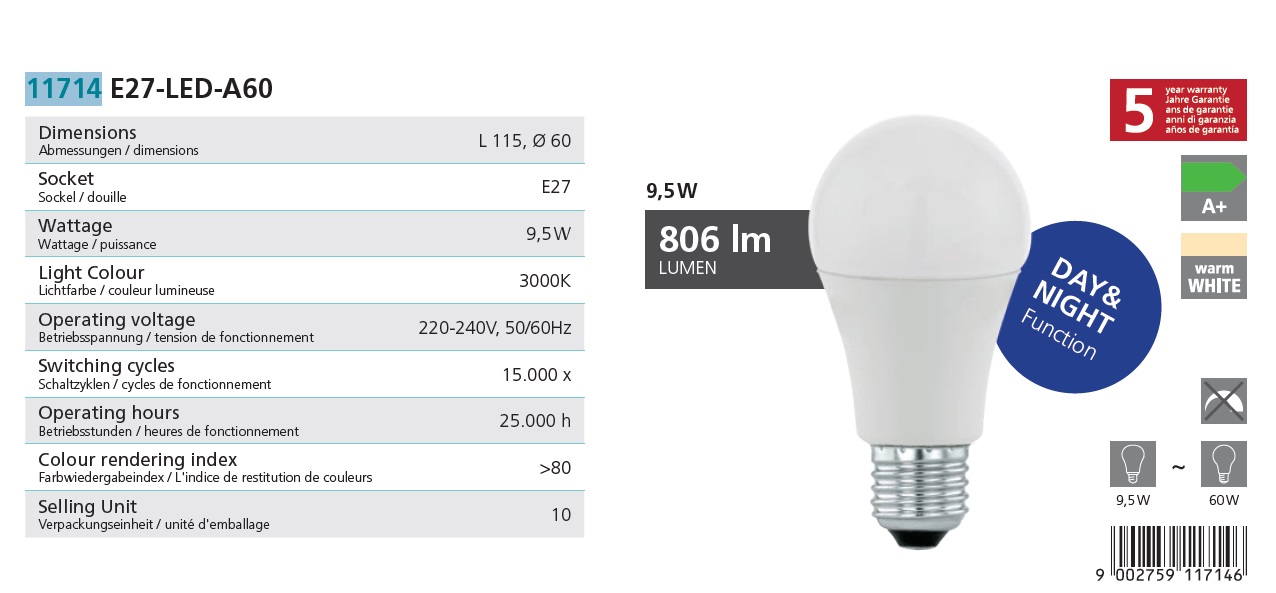 Eglo 11714 - LED žárovka E27 do prostor s potřebou celonočního automatického svícení