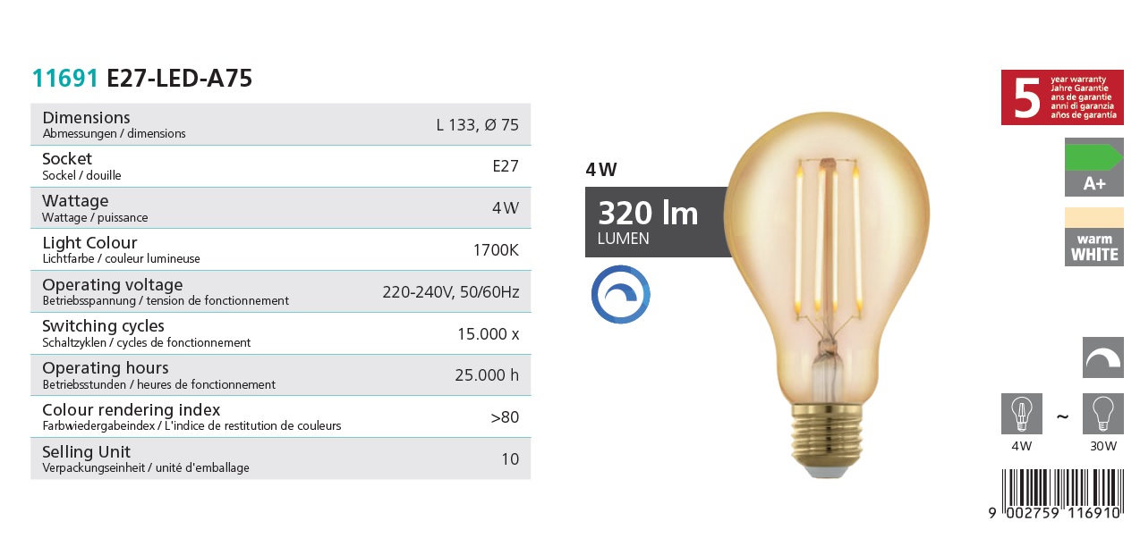 Eglo 110062 Retro Bulb - Stmívatelná LED retro žárovka 4W, E27 LED A75