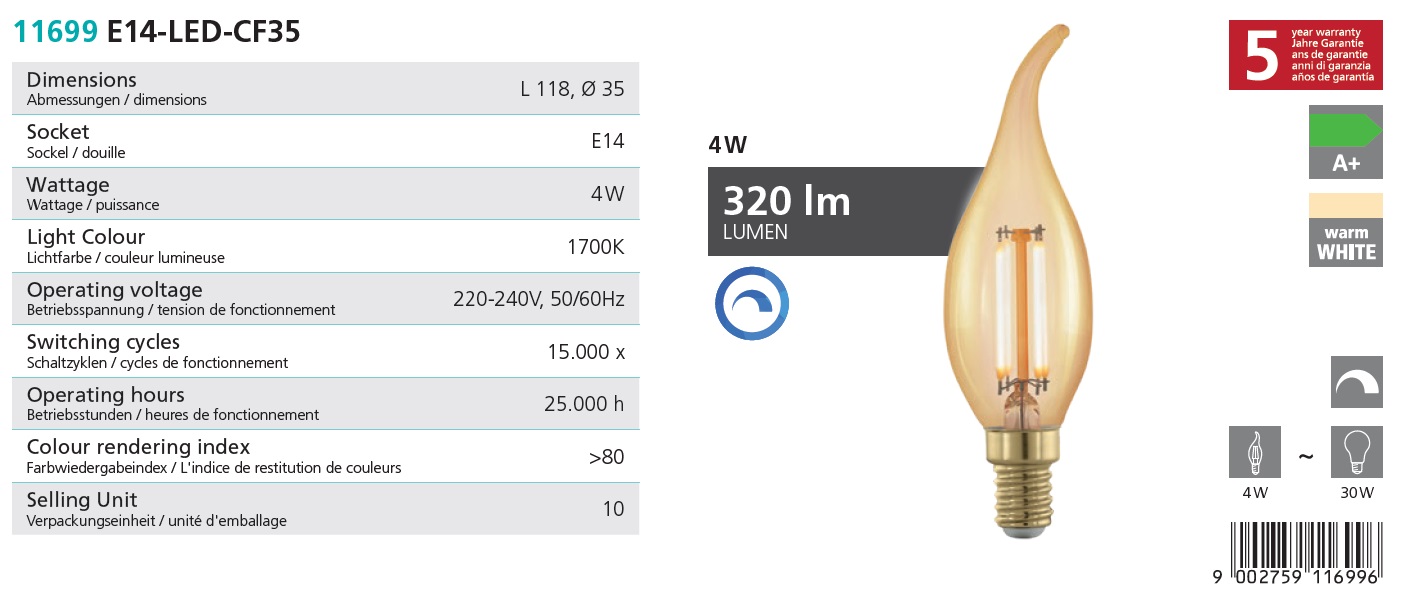 Eglo 11699 Retro Bulb - Stmívatelná LED retro žárovka 4W, E14 , CF35, svíčka