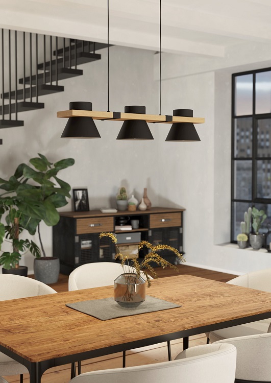 Eglo 43956 MACCLES - Závěsný dřevěný trojramenný lustr nad stůl nebo sedačku, 3 x E27, 77cm