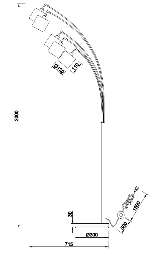Trio Leuchten R46330579 TOMMY - Moderní pětiramenná stojací lampa 5 x E14, 200cm výška / černo zlatá