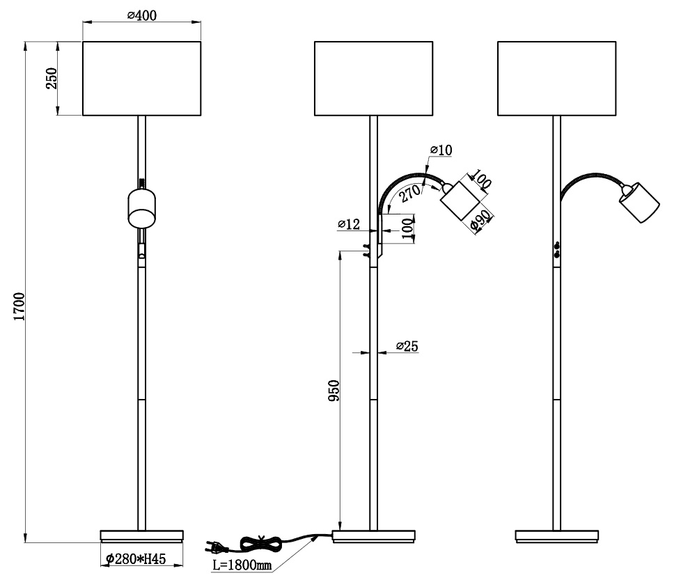 Trio Leuchten 403900211 HOTEL - Moderní stojací lampa se čtecí bodovkou na husím krku 170cm