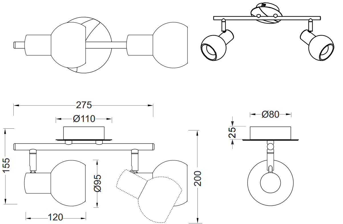 Trio Leuchten R80172007 ANTIBES - Stropní nebo nástěnná bodovka 2 x E14