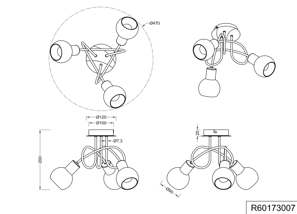 Trio Leuchten R60173007 ANTIBES - Stropní lustr se zakroucenými rameny  3 x E14