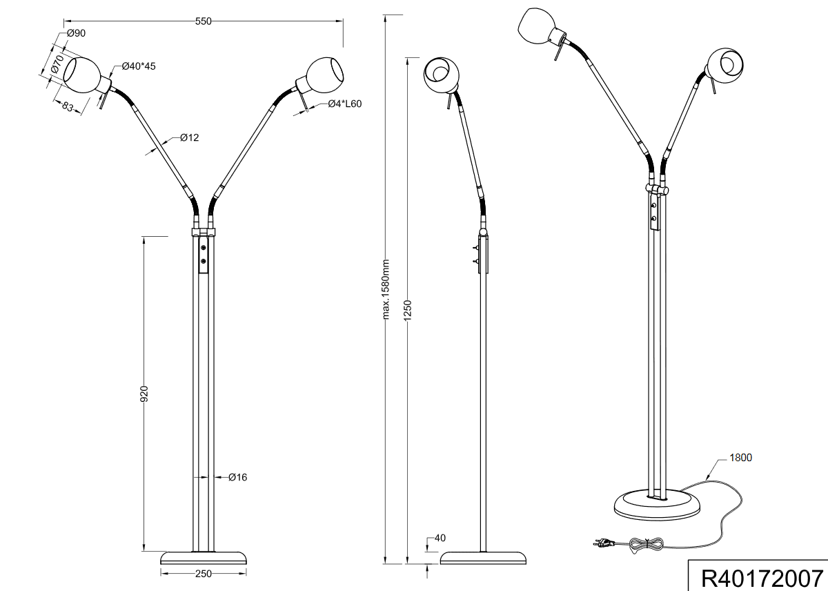 Trio Leuchten R40172007 ANTIBES - Čtecí dvouramenná stojací lampa s husími krky 2 x E14, max 158cm