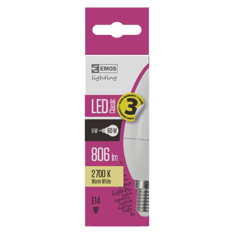 LED žárovka E14 - svíčka - ZQ3230, 2700K, 8W, 806lm
