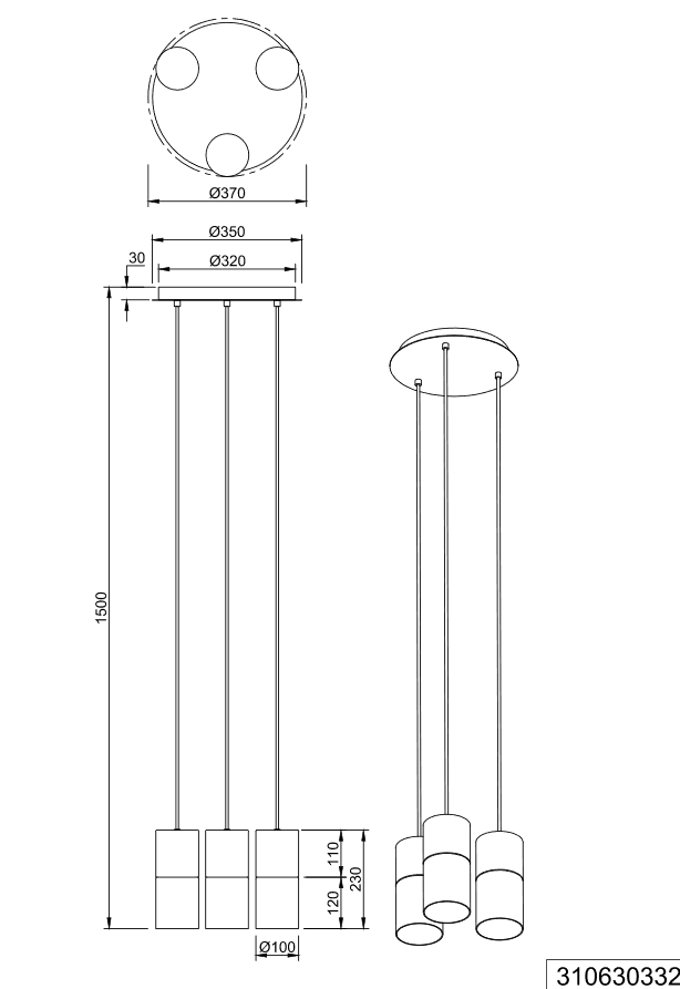 Trio Leuchten 310630332 ROBIN - Závěsné kulaté svítidlo s černými kouřovými skly 3 x E27, Ø 37cm