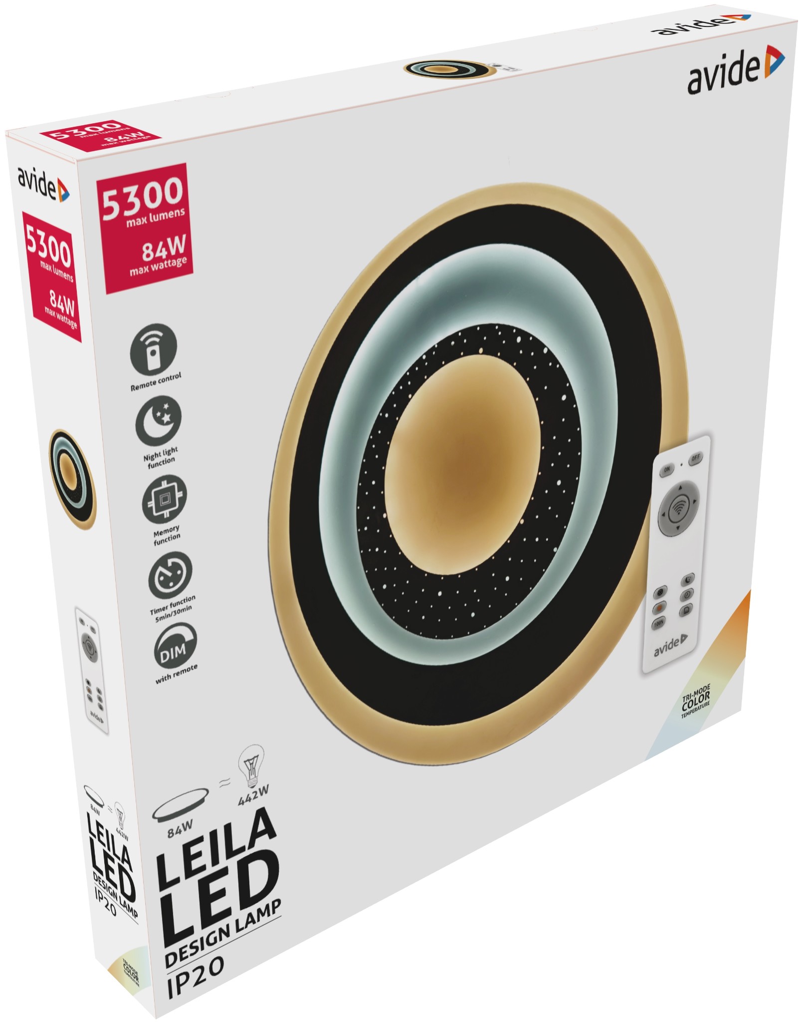 Avide design LEILA - LED stropní svítidlo v bílé barvě s dálkovým ovladačem 3000K - 6400K, 80W, 5190lm