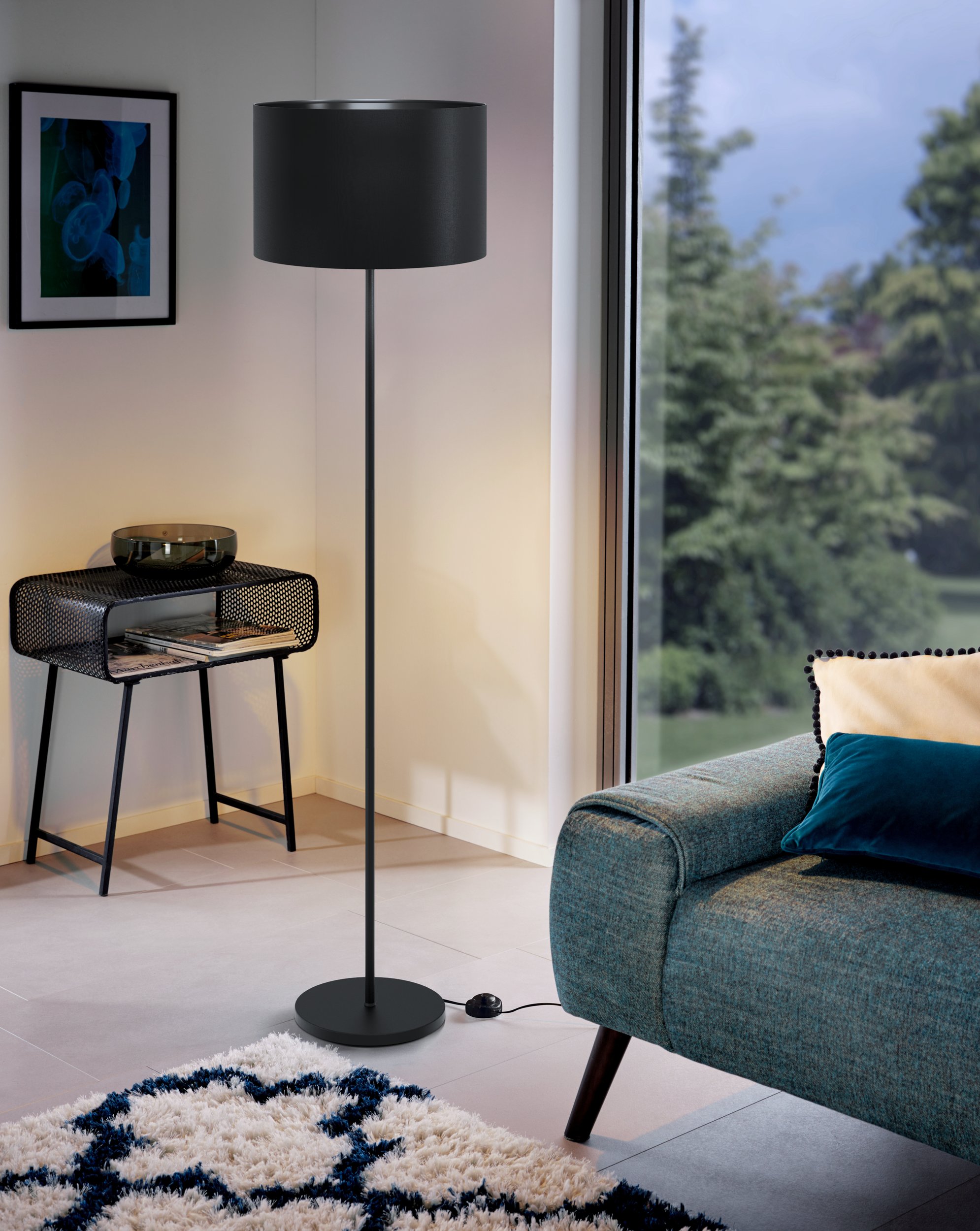 Eglo 99046 MASERLO 1 - Stojací lampa s textilním stínidlem černé barvě 1 x E27, výška 151cm + Dárek LED žárovka