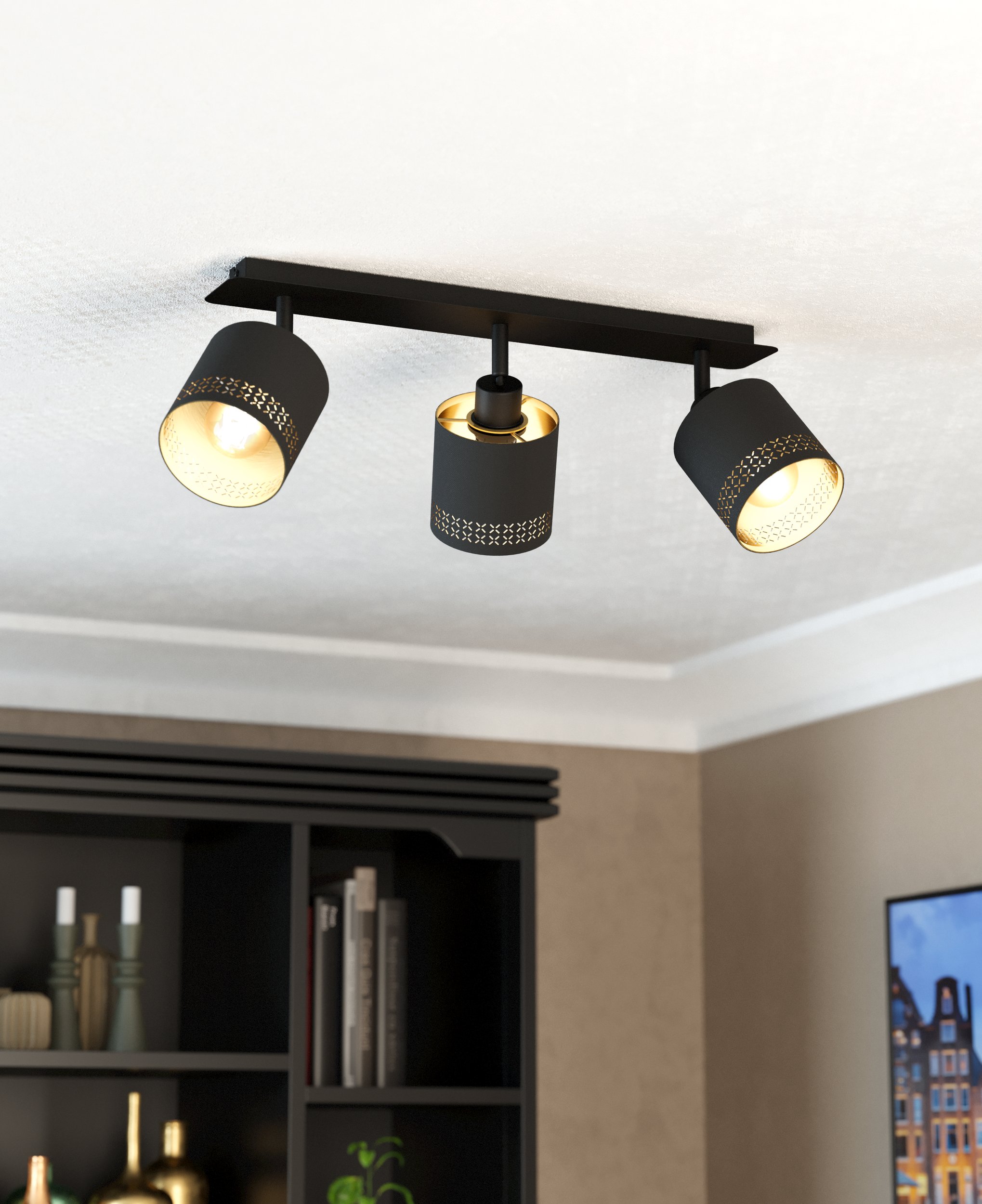 Eglo 99278 ESTEPERRA - Stropní bodové černozlaté svítidlo s textilními stínidly, 3x E27, 57,5cm