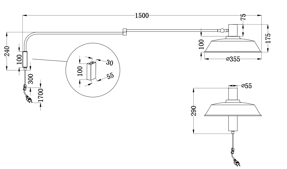 Trio Leuchten 200300132 BOLDER - Velká nástěnná lampa na otočném rameni na retro žárovku - od zdi max 150cm