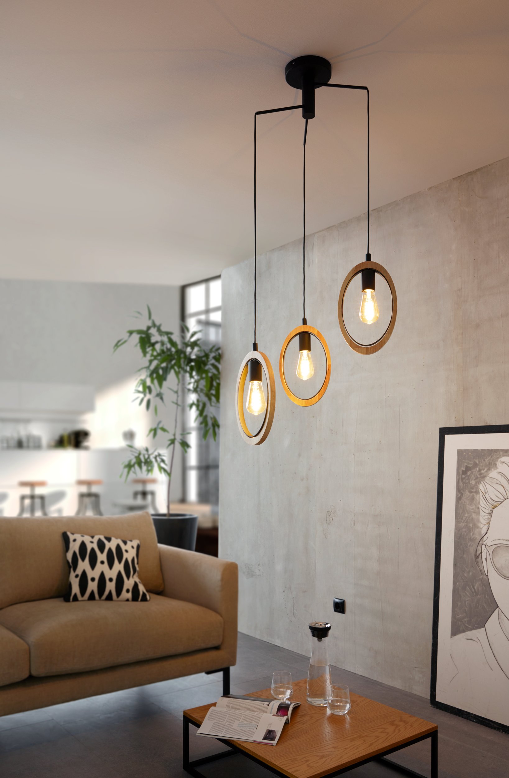 Eglo 43463 BASILDON - Originální závěsné svítidlo v kombinaci světlého dřeva s černými prvky, 3x E27