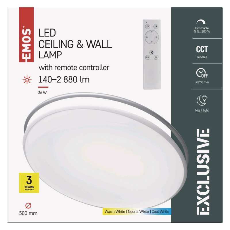 Emos ZM5166 EXCLUSIVE - LED přisazené stmívatelné svítidlo se změnou barvy světla, 36W, dálkové ovládání, 2700 - 6500K, Ø 50cm