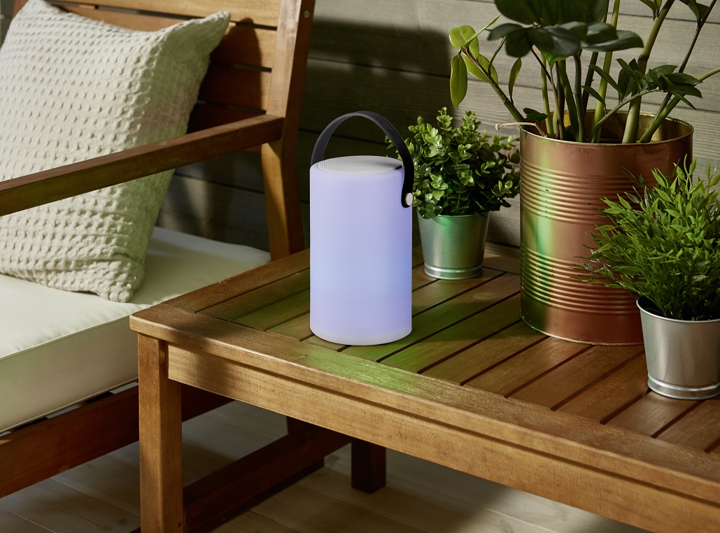 Trio Leuchten R55060101 BERMUDA - Stolní venkovní RGB stmívatelná lampa s ovladačem a bluetooth reproduktorem IP44, 21cm