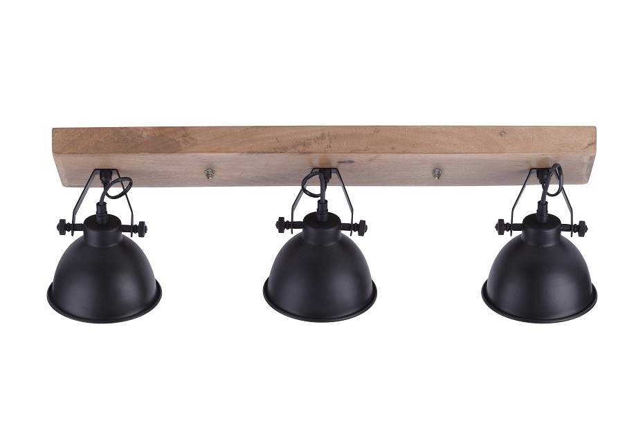 Leuchten Direkt 11983-18 SAMIA - Stropní industriální černé bodové svítidlo se dřevěnou základnou 3 x E14, 74cm šířka