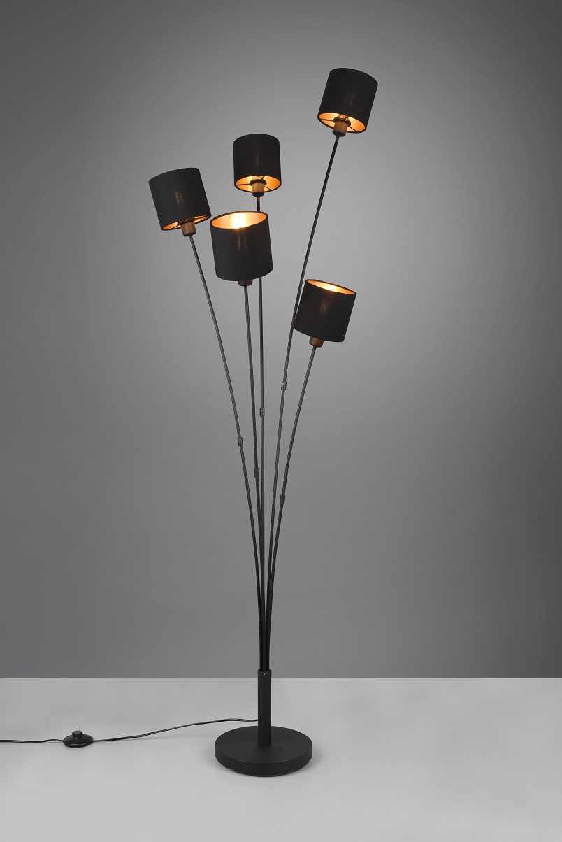 Trio Leuchten R46335979 TOMMY - Moderní pětiramenná stojací lampa 5 x E14, 163cm výška / černo zlatá