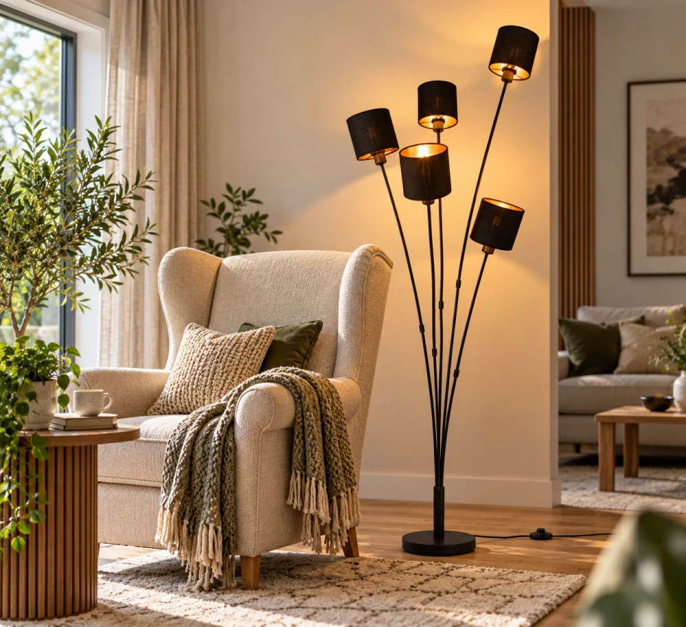 Trio Leuchten R46335979 TOMMY - Moderní pětiramenná stojací lampa 5 x E14, 163cm výška / černo zlatá