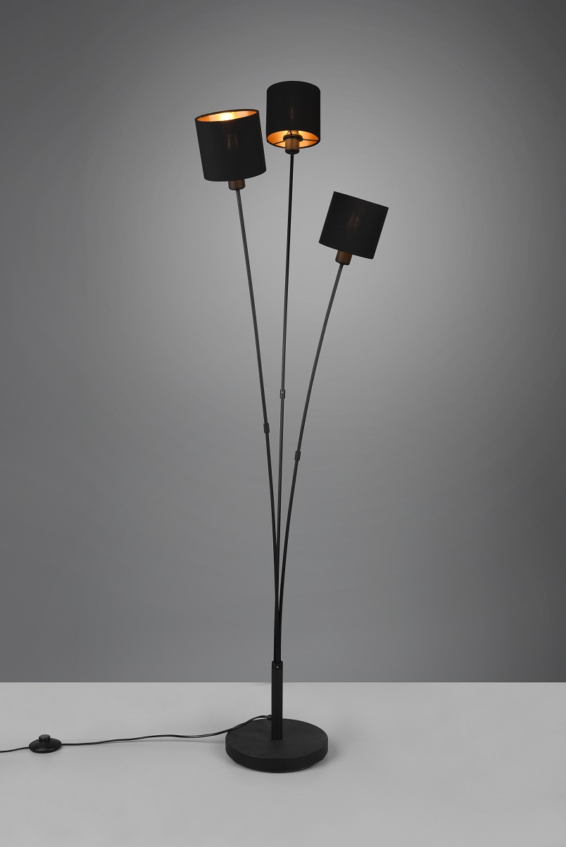 Trio Leuchten R46333979 TOMMY - Moderní trojramenná stojací lampa 3 x E14, 150cm výška / černo zlatá