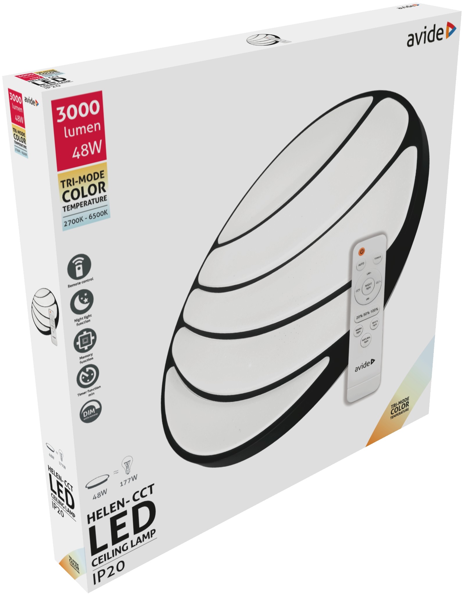 Avide HELEN - LED stropní svítidlo s ovladačem v černé barvě, LED 48W, 2700-6500K, Ø 49cm 
