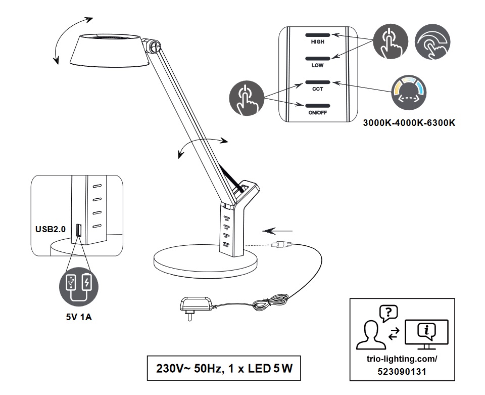 Trio Leuchten 523090131 AVA - Dotykem stmívatelná LED stolní lampa s USB výstupem na nabíjení mobilu a změnou barvy světla, LED 5W, 3000+4000+6300K, 40cm