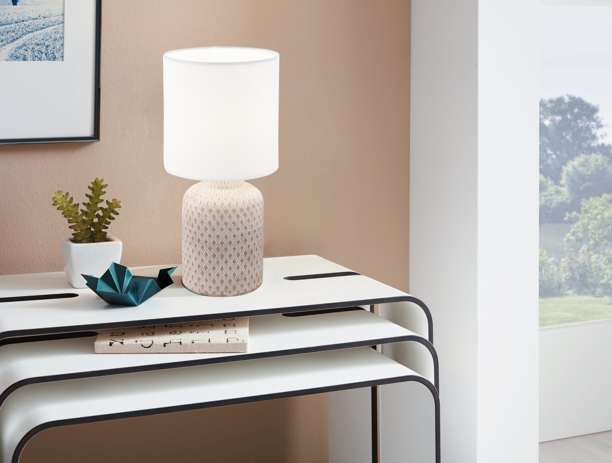 Eglo 97773 BELLARIVA - Moderní textilní lampička s keramickým podstacem, 1 x E14, 32cm