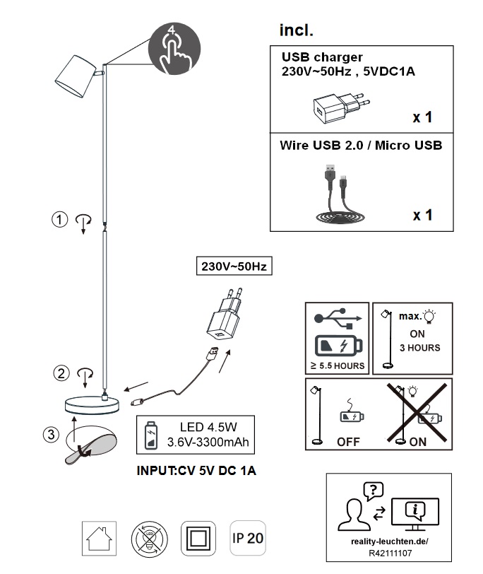 Trio Leuchten R42111132 BLAKE - Interiérová nabíjecí přenosná lampa, černá, stmívatelná LED 4,5W, 3000K, 125cm