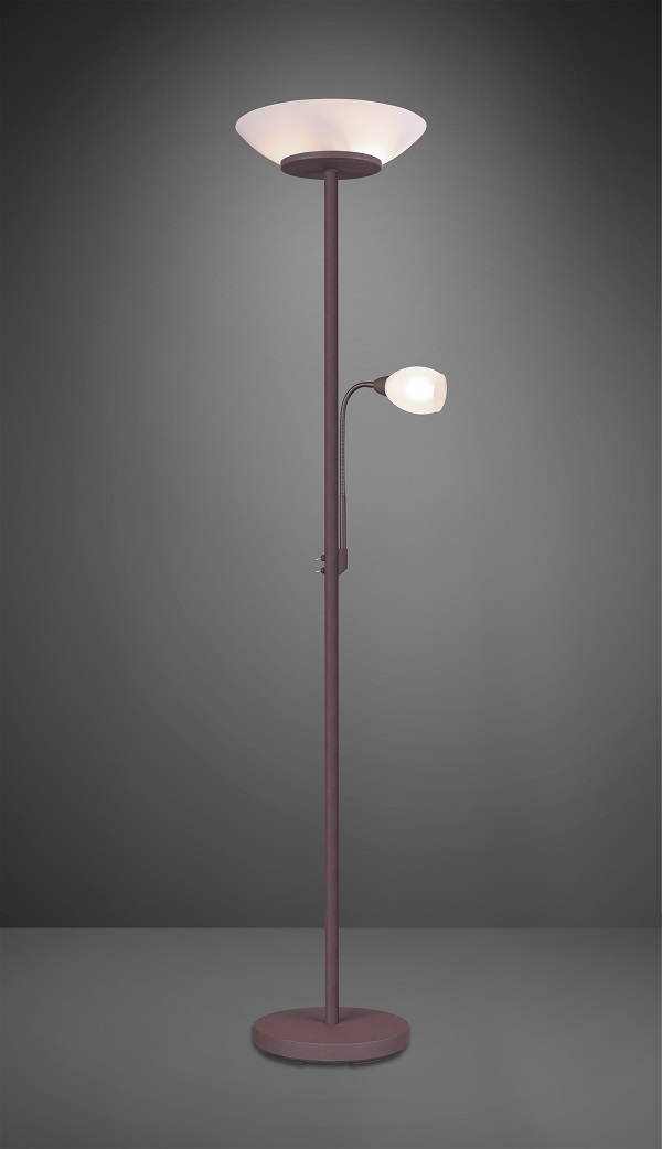 Trio Leuchten R40063124 GERRY - Moderní stojací lampa do obýváku v rustikální hnědé barvě, 2 x E27 + 1x E14, 180cm