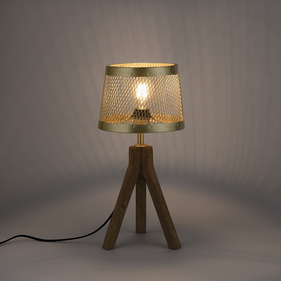 Leuchten Direkt 11423-60 FREDERIK - Stolní lampa s dřevěnou trojnožkou a mosazným stínidlem, 1 x E27, 44cm
