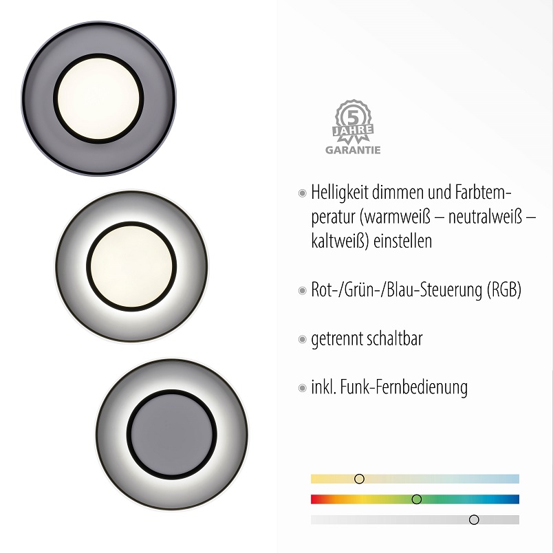 Leuchten Direkt 11627-18 ARENDA - LED stropní kulaté svítidlo v černé barvě s dálkovým ovladačem, LED 31W, 2700-5000K + RGB, Ø 60cm