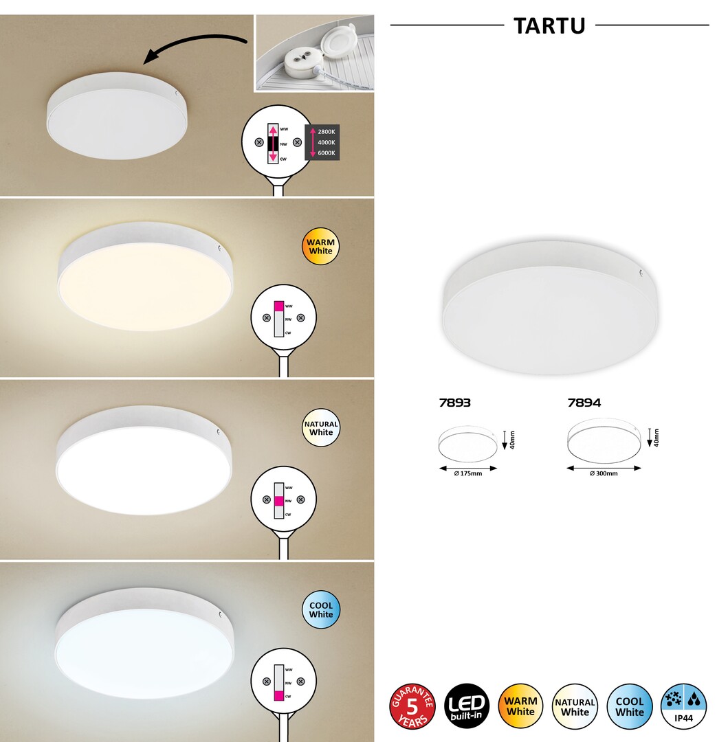 Rabalux 7893 TARTU - LED moderní venkovní stropní nebo nástěnné svítidlo v bílé barvě, 18W, 2800K, 4000K, 6000K, IP44, Ø 17,5cm