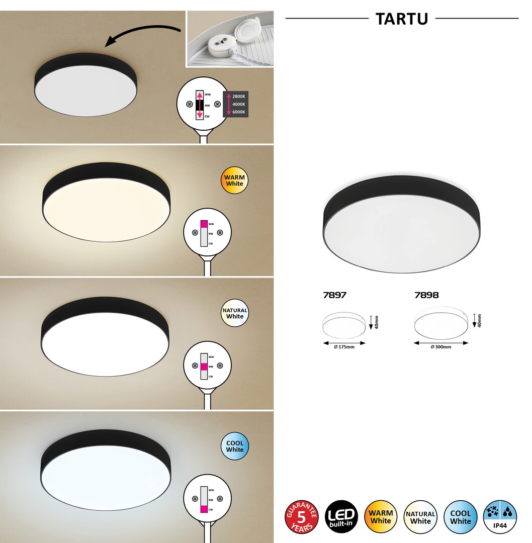 Rabalux 7897 TARTU - LED moderní  venkovní stropní nebo nástěnné svítidlo v černé barvě, 18W, 2800K, 4000K, 6000K, IP44, Ø 17,5cm