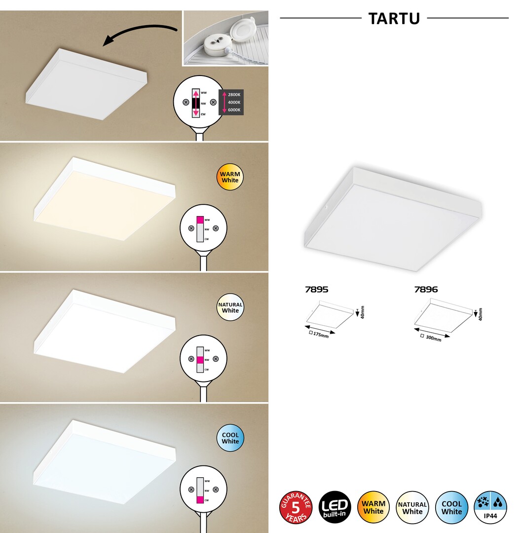 Rabalux 7896 TARTU - LED moderní  venkovní stropní nebo nástěnné svítidlo v bílé barvě, 24W, 2800K, 4000K, 6000K, IP44, 30 x 30cm