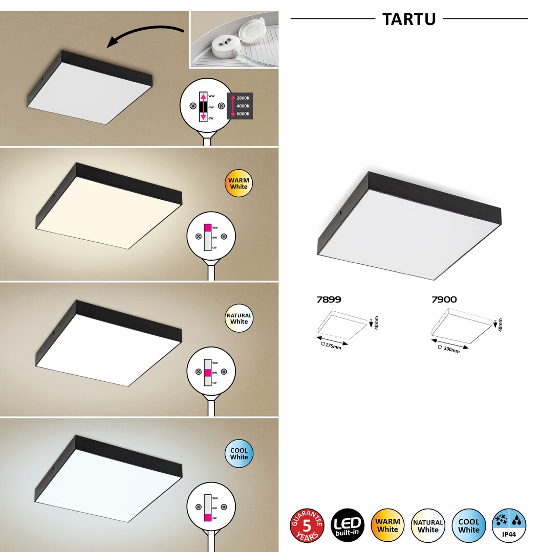 Rabalux 7899 TARTU - LED moderní venkovní stropní nebo nástěnné svítidlo v černé barvě, 18W, 2800K, 4000K, 6000K, IP44, 17,5 x 17,5cm