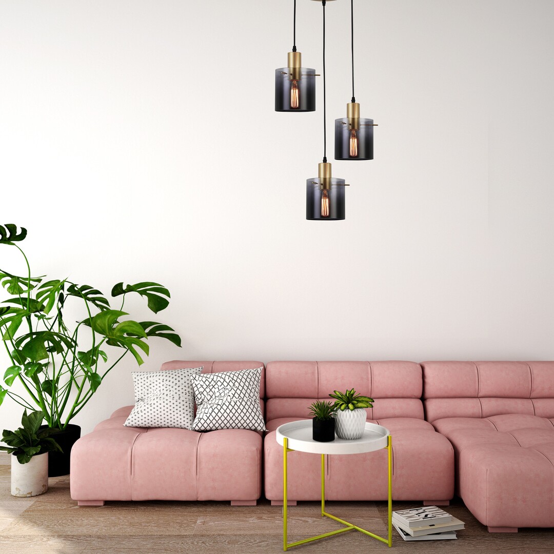 Rabalux 5223 DONATI - Závěsné barové kuchyňské svítidlo se zlatou monturou a černými skly, 3 x E27, Ø 41cm