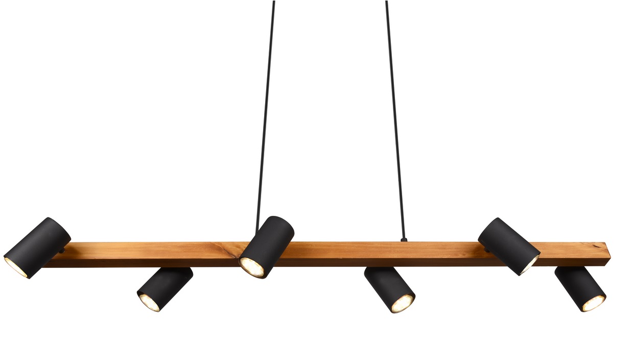 Trio Leuchten 312490632 MARLEY wood black  -Závěsný bodový lustr s dřevěnou lištou nad stůl v černé barvě, 6 x GU10, 115cm