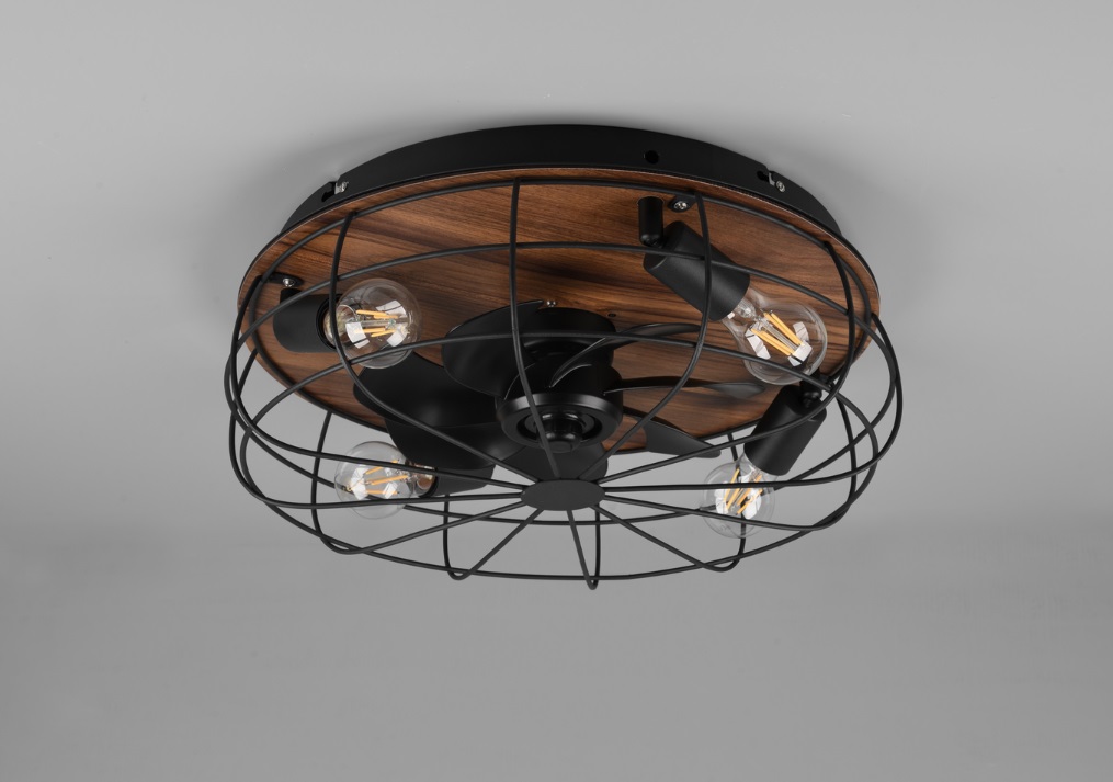 Trio Leuchten R61105032 TRONDHEIM - Stropní ventilátor v retro stylu v černé barvě a imitaci dřeva s dálkovým ovladačem, 4 x E27, Ø 48cm